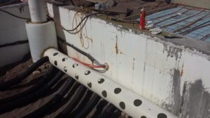 A photo of the main manifold in a climate battery greenhouse installation.