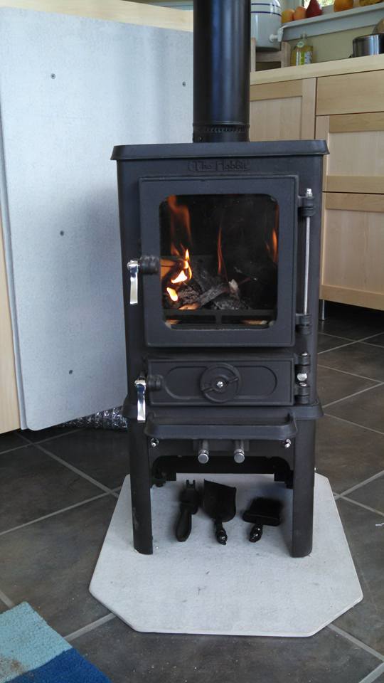 A black wood burning stove.